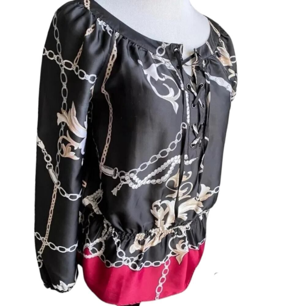 White House Black Market chain print pattern satin peasant blouse LG